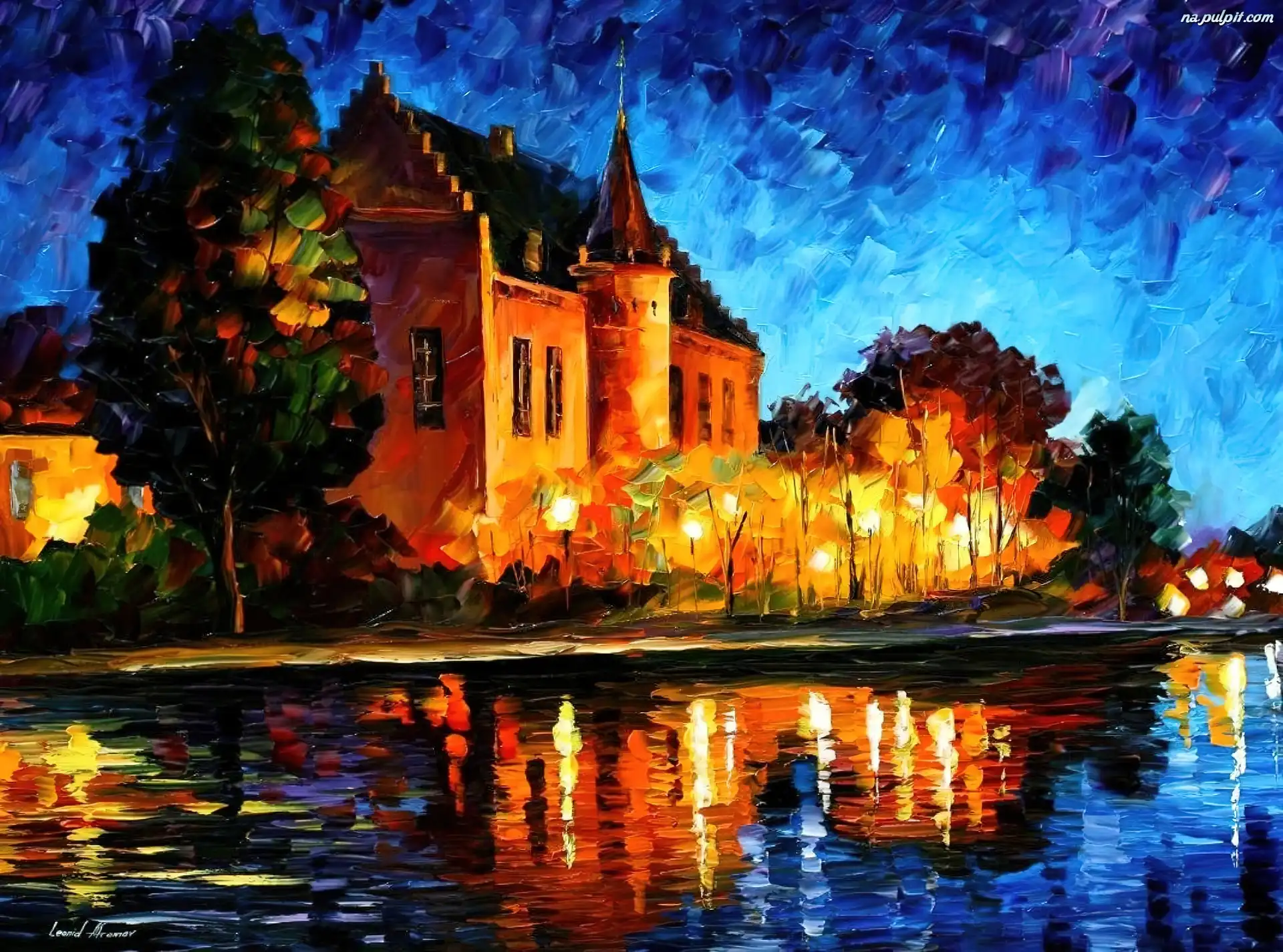 Noc, Jezioro, Zamek, Leonid Afremov